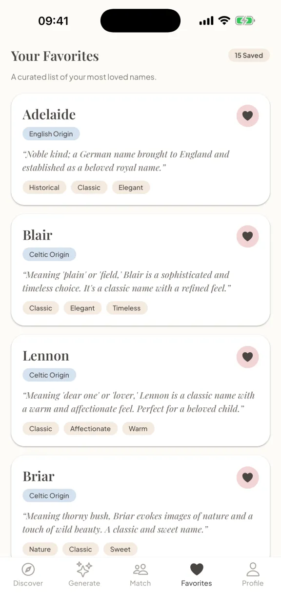 Name Sprout's favorites screen listing saved names with their origins and descriptors