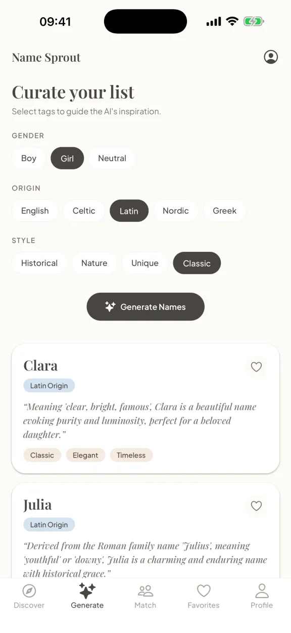 Name Sprout's generate screen with gender, origin and style filters selected, showing AI-generated name suggestions
